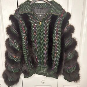 SCHJELDE 80s Green Multicolor Woven Leather Fox Fur Dolman Bomber S Vintage